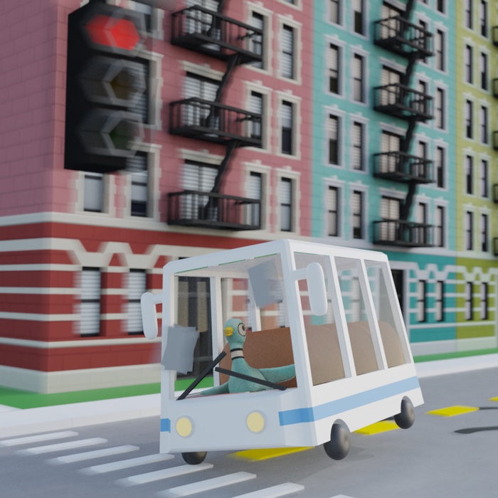 Stylized render of a bus on a city street