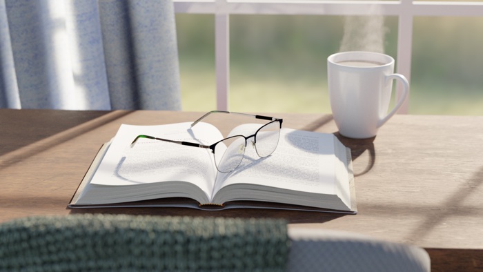 Render of glasses on an open book by a window