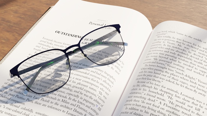 Close-up render of glasses on an open book