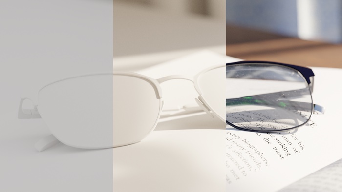 Breakdown of a glasses render, from clay to final