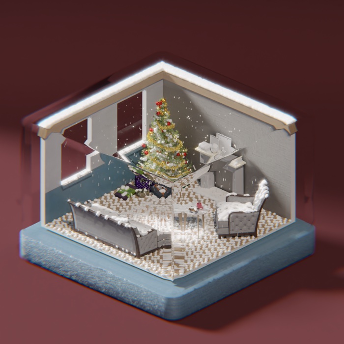 Isometric render of a living room with a Christmas tree